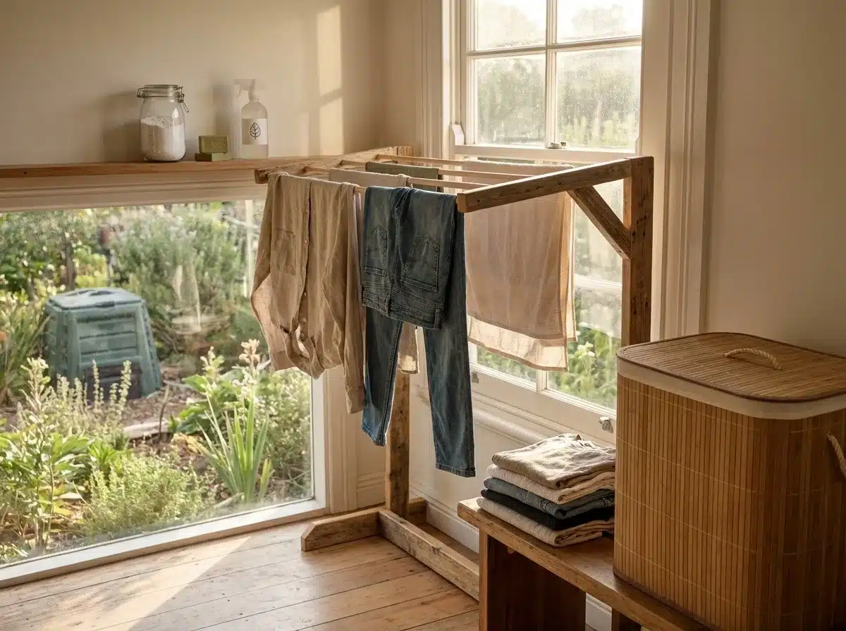 Des vêtements qui sèchent dans un intérieur écologique